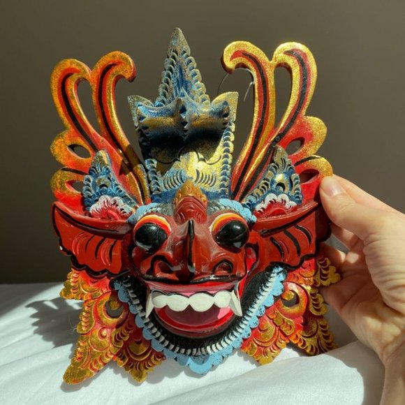 Indonesian Carved Wood Animal Mask - Blue Headpiece - Picture 1 of 4